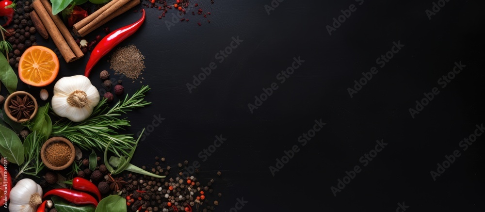 Poster colorful arrangement of fresh herbs, spices, and citrus fruits on black background with ample space 