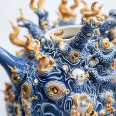 Fototapeta premium Blue ceramic teapot with ornate design, close-up