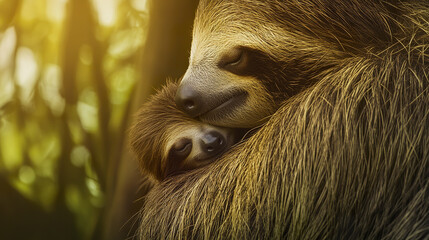 Naklejka premium mother sloth gently embraces her baby in warm, sunlit forest