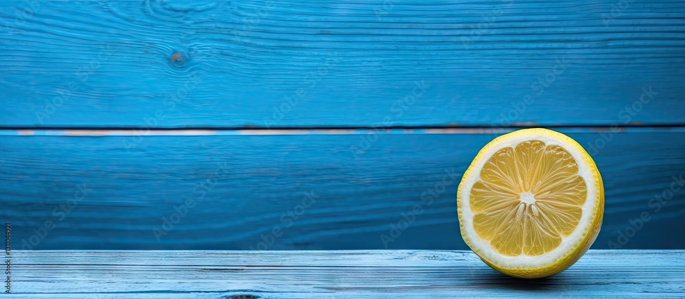 Aufkleber yellow lemon half on a vibrant blue wooden surface with ample copy space featuring horizontal wood g