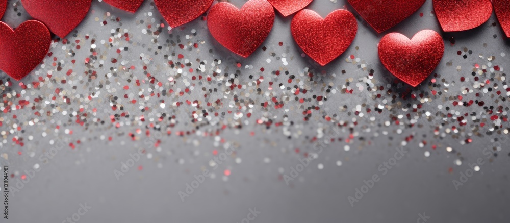 Poster Red heart shapes scattered along the top edge of a silver glitter paper background with space for text in the center creating a festive atmosphere
