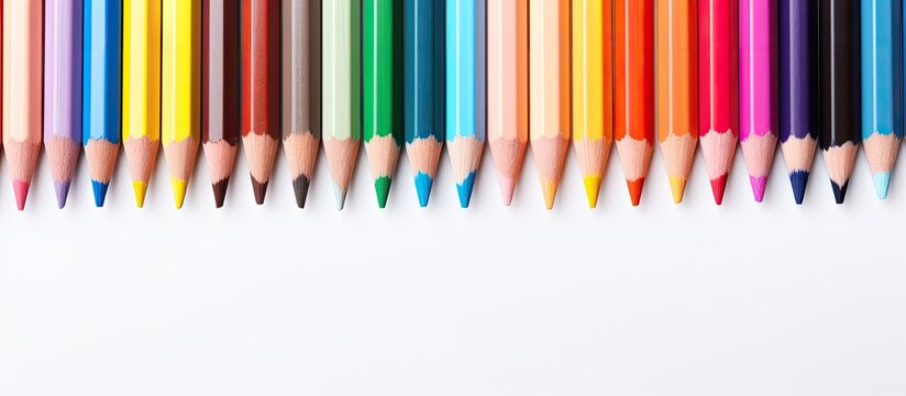 Vibrant colored pencils arranged neatly on a clean white background providing ample copy space with alignment from left to right featuring multiple colors