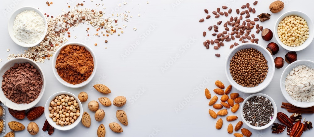 Poster Top view of assorted protein powders in white bowls evenly arranged with nuts and seeds on a light gray background ideal for overlaying text and logos