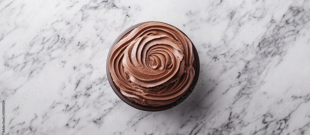 Poster elegant top-down view of a round chocolate frosted dessert cake on a light marble surface highlighti