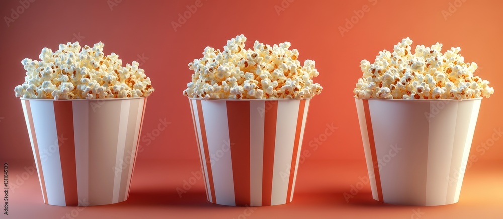 Poster colorful popcorn buckets filled with fluffy popcorn displayed in a trio against a warm gradient back