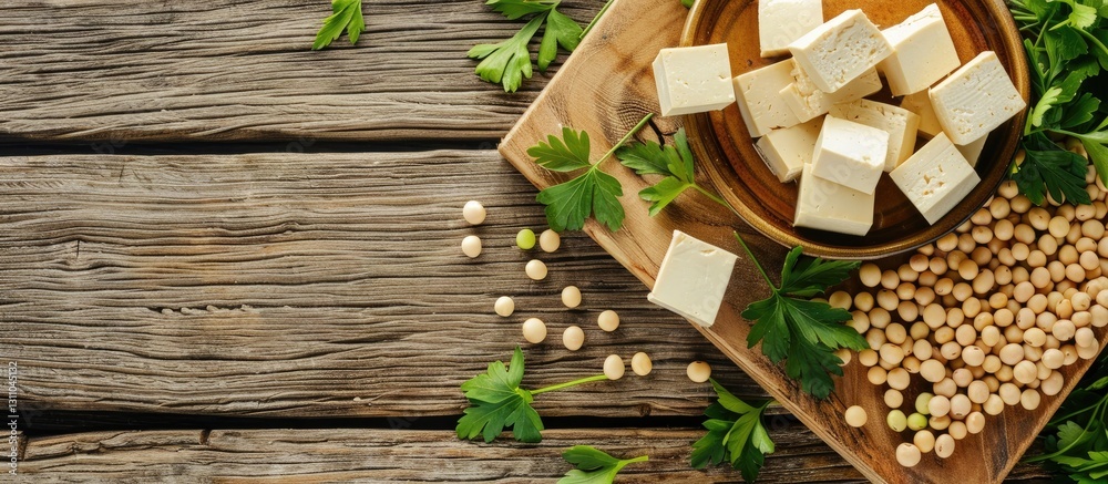 Aufkleber delightful tofu cubes and soybeans arranged on a wooden table with green parsley, ample light brown 