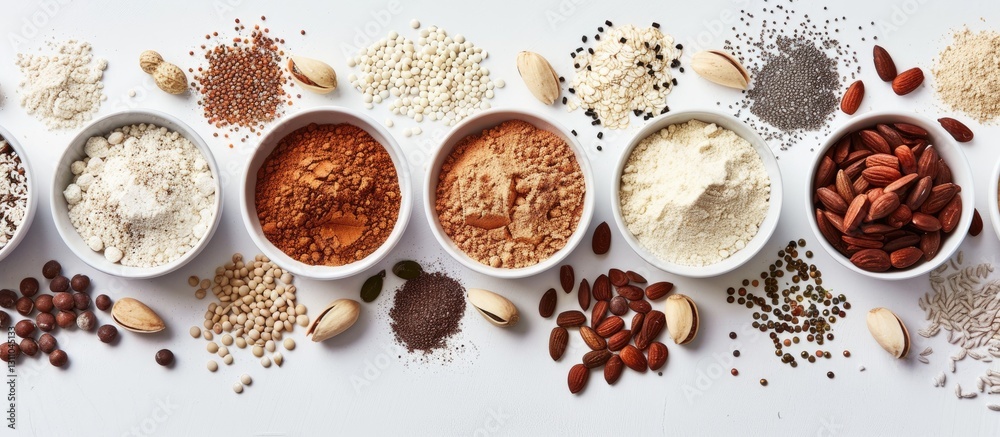 Aufkleber assorted protein powders in white bowls arranged horizontally on a light background surrounded by nu