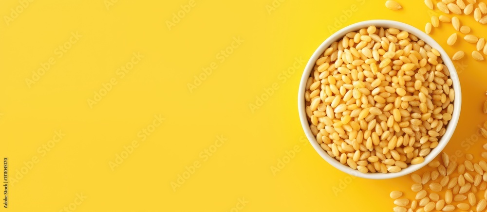 Poster top view of yellow puffed wheat cereal in a white bowl on bright yellow background with scattered gr