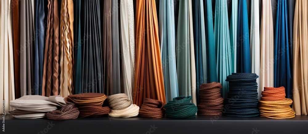Poster elegant display of various textured fabrics in blue, orange, cream, and brown tones, with neatly sta