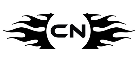 Futuristic abstract Logo with Fiery Flame Motif and Geometric 'CN' Emblem, Black and White Artwork