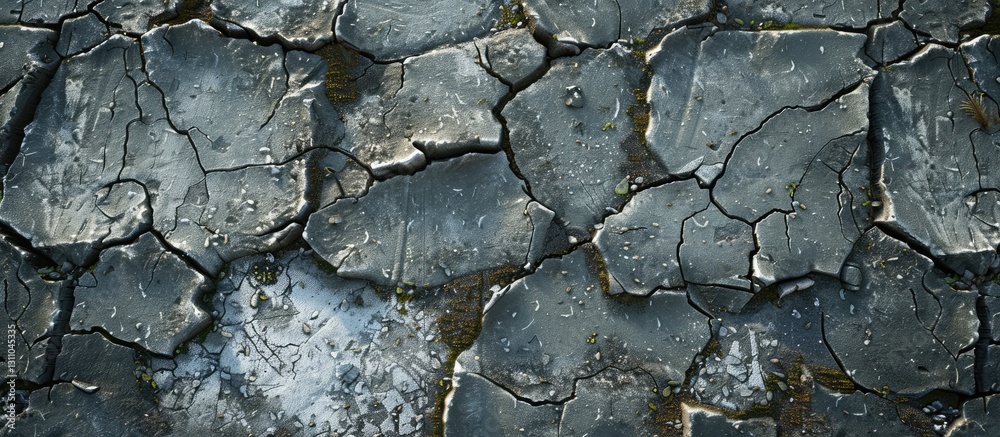 Poster cracked concrete street surface in shades of gray with textured patterns and visible wear, ideal for