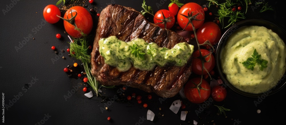 Poster grilled steak topped with green mashed potatoes and fresh tomatoes on a dark textured background wit