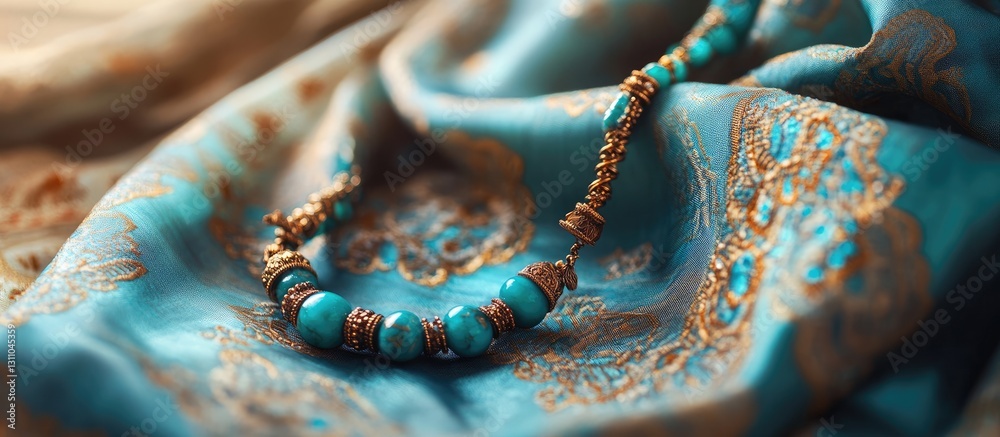 Poster turquoise handmade jewelry delicately resting on an elegant silk shawl with intricate golden pattern