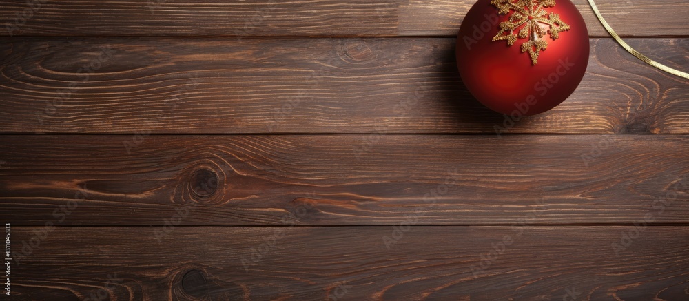 Poster christmas ornament in red color on dark wooden surface with ample copy space on the right side creat