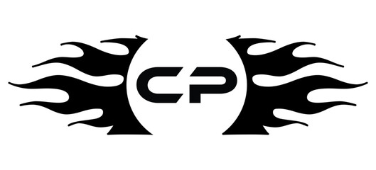 Naklejka premium Futuristic abstract Logo with Fiery Flame Motif and Geometric 'CP' Emblem, Black and White Artwork