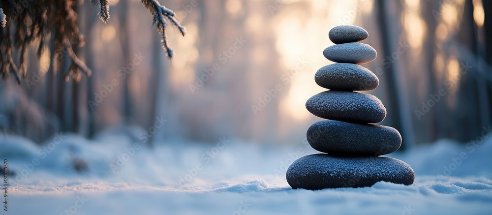 Poster zen meditation stones stacked peacefully in a snowy winter forest with soft pastel colors blurred in