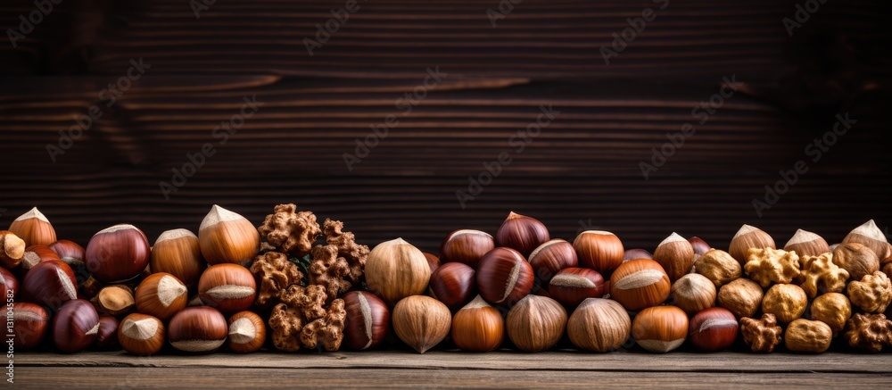 Poster wooden background featuring assorted nuts including walnuts, hazelnuts, and pecans arranged in a hor
