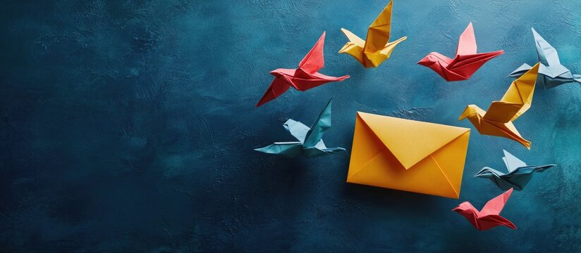 Colorful origami birds in red, yellow, and blue flying around a bright yellow envelope on a textured blue background, symbolizing email communication.