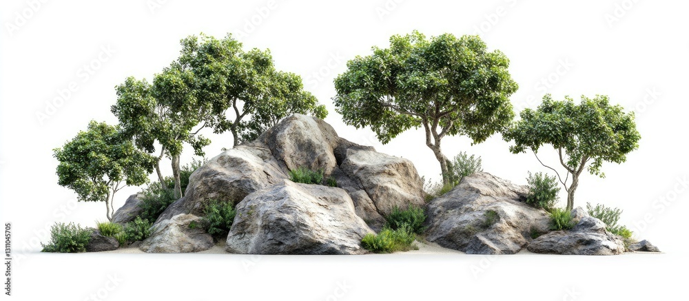 Poster lush green trees atop a cluster of grey rocks surrounded by vibrant foliage isolated on a clean whit