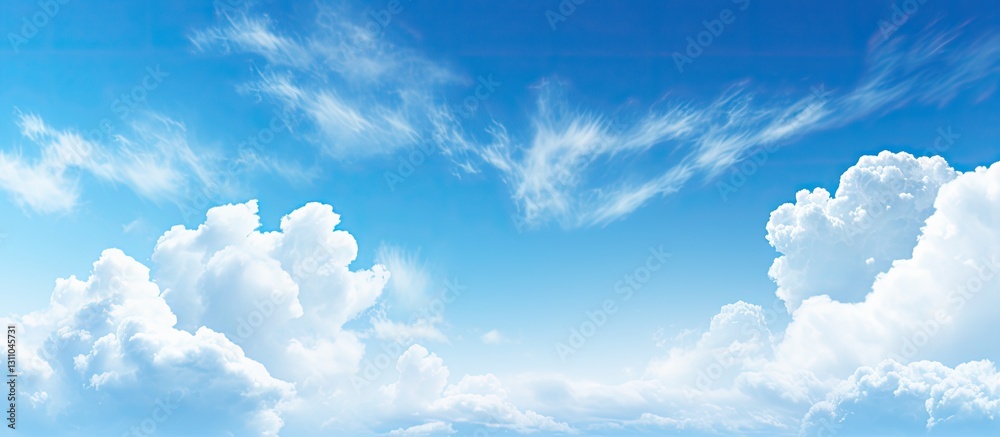 Poster Vibrant blue sky with soft fluffy white clouds positioned throughout, creating ample copy space for text and design purposes.