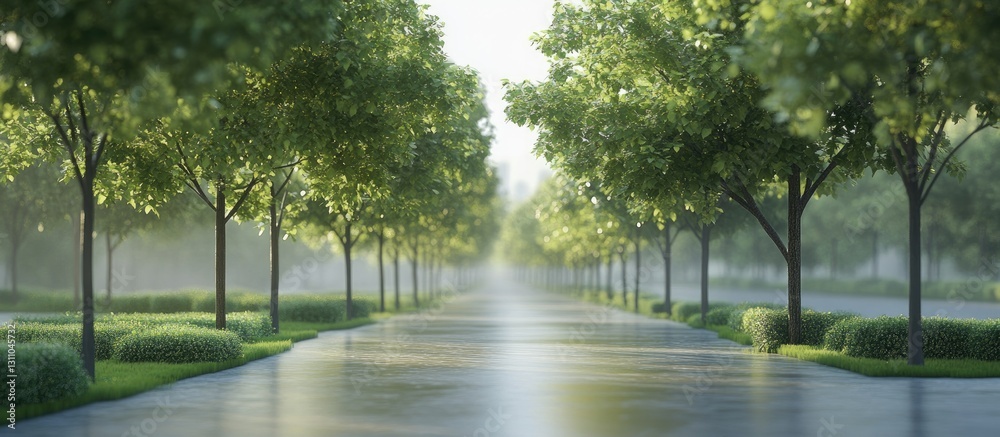 Poster lush green trees lined along a serene, misty pathway reflected on wet pavement under soft natural li