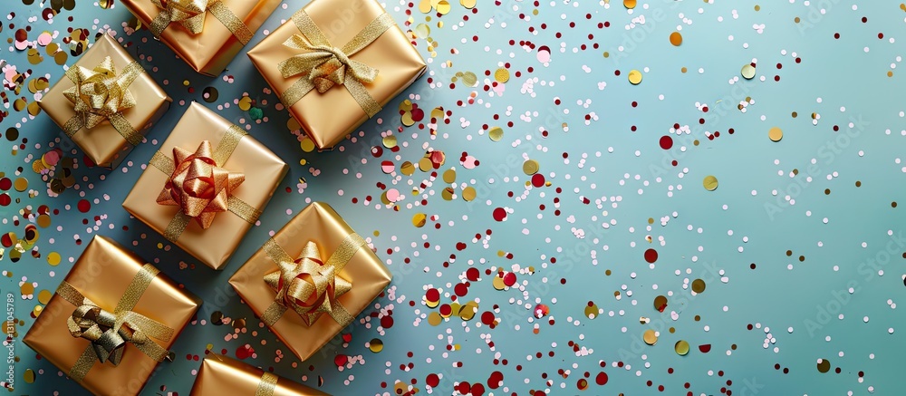 Poster top down view of shiny gold gift boxes with colorful bows scattered on a vibrant blue background wit