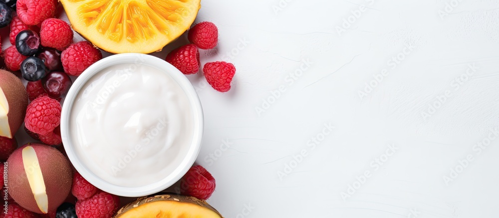 Poster Coconut halves filled with yogurt and colorful exotic fruits on a light background with berries creating an inviting space for text design.