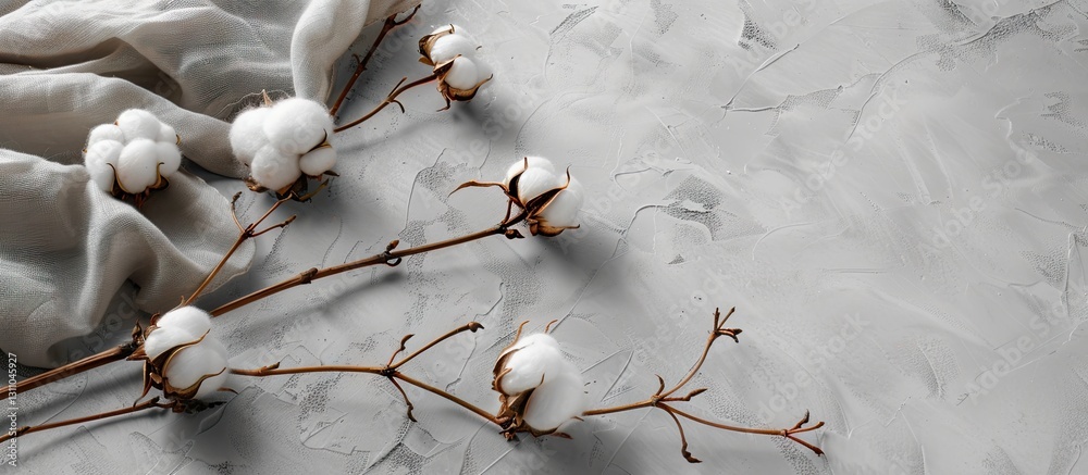Leinwandbilder cotton branch on grey concrete with soft cotton fabric draped on the left for elegant copy space cre