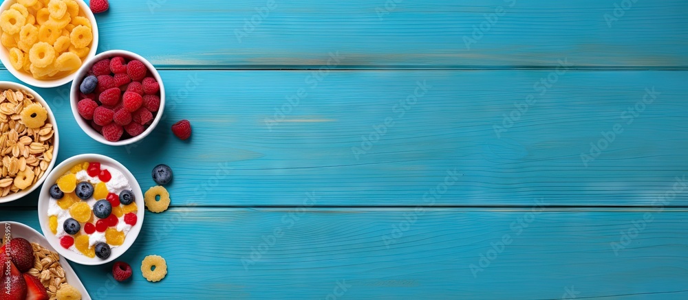 Aufkleber colorful bowls of fresh fruits and granola arranged on a vibrant blue wooden background with space f