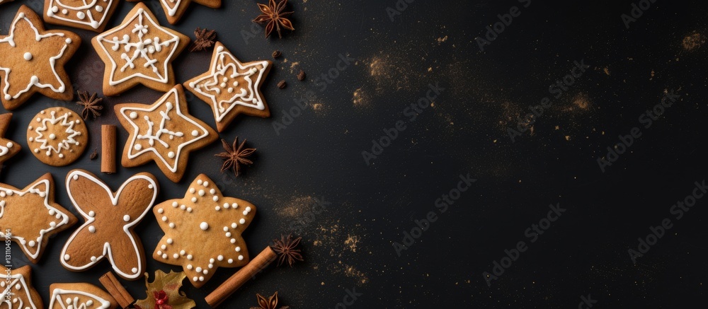 Poster Christmas cookies arranged in various shapes on a dark background with cinnamon sticks and spices, creating a festive display on the left side.