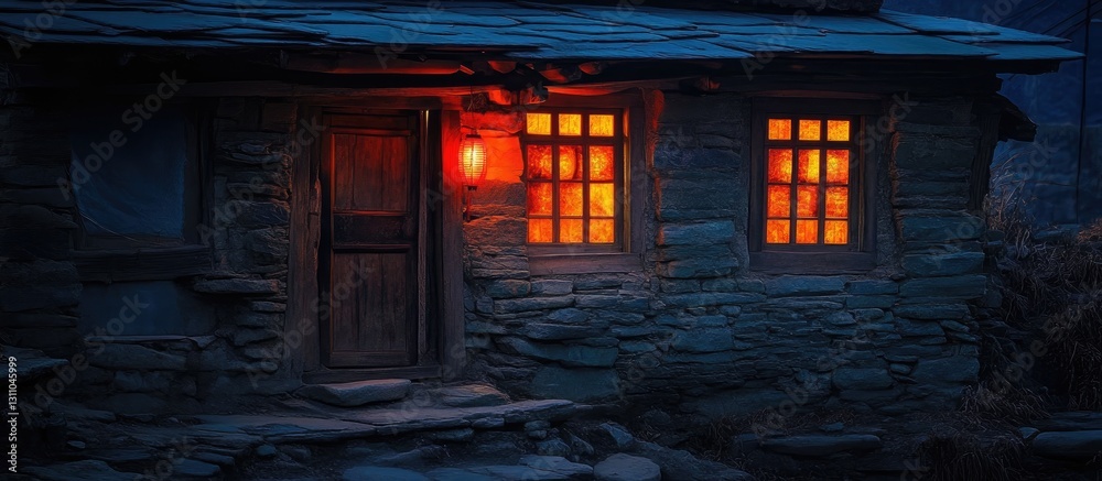 Aufkleber Rustic Tibetan stone cabin illuminated by glowing red lanterns with warm orange light in windows against a dark evening backdrop creating a cozy ambiance