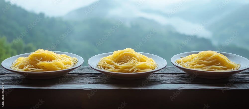 Poster Three elegant plates of spaghetti arranged side by side on a rustic wooden bar with a background of serene misty mountains in soft blue and green hues.