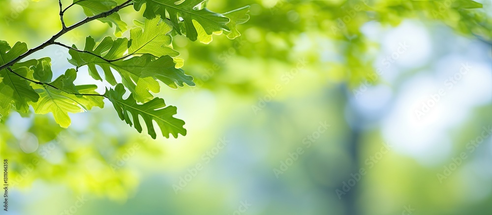 Poster Lush green oak leaves gently sway in a soft breeze, creating a captivating blurred background with ample copy space on the right side.