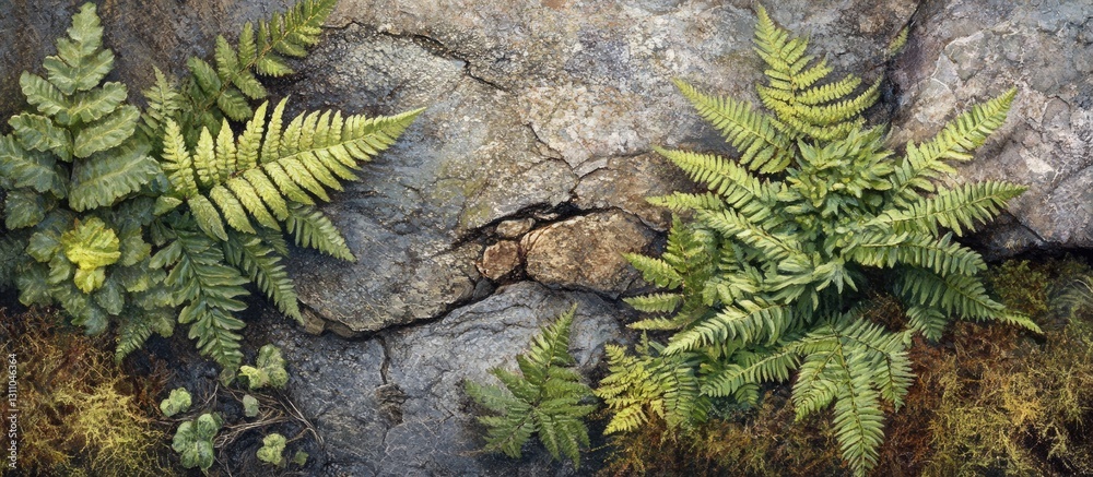 Poster Lush green ferns with intricate textures positioned on moss-covered stones creating a serene natural landscape with earthy tones and tranquility.