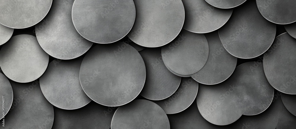Fototapete abstract arrangement of overlapping circular gray discs on a textured dark background highlighting d