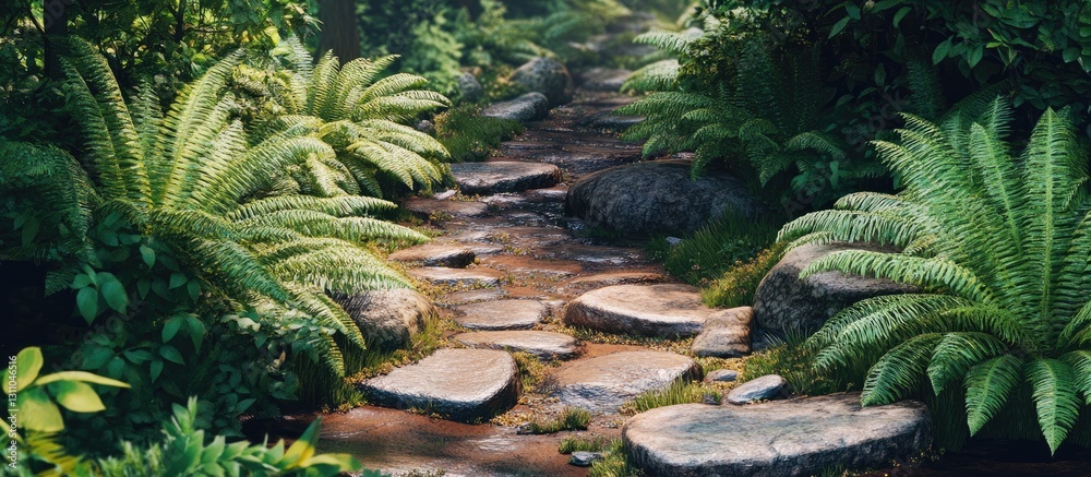 Fototapete vibrant green ferns frame a serene stone pathway with textured rocks under soft natural light, creat