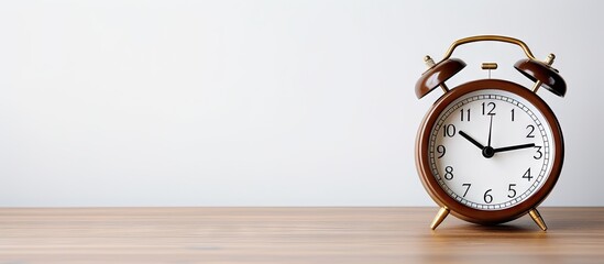 Classic brown alarm clock on a wooden table against a minimalist white background with ample copy space for text or graphic overlay.