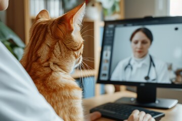 Ginger Cat Attends Virtual Veterinary Consultation With Owner During Daytime