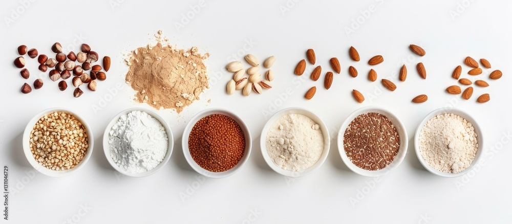 Poster variety of protein powders in white bowls arranged on a white background with assorted nuts and seed