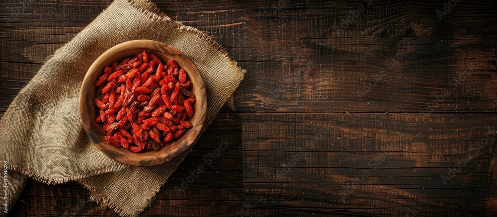 Poster Bowl of vibrant red goji berries resting on a rustic wooden table with a beige cloth on the left creating a natural and earthy composition.