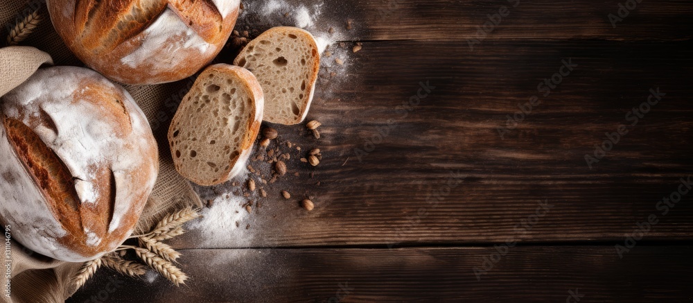 Aufkleber Freshly baked bread loaves and sliced pieces on a rustic wooden table with flour scattered creating warm earthy tones and ample copy space on the right