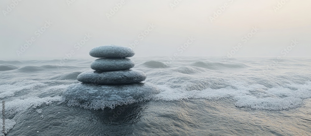 Aufkleber Serene stack of three smooth gray stones on a misty beach with gentle waves rolling in during twilight, creating a tranquil atmosphere.