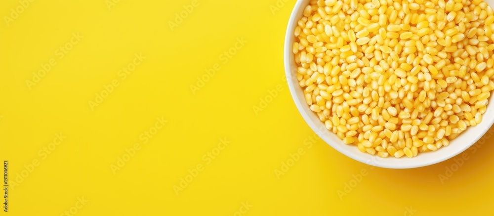 Poster close-up view of white bowl filled with honey air rice puffed wheat cereal on vibrant yellow backgro