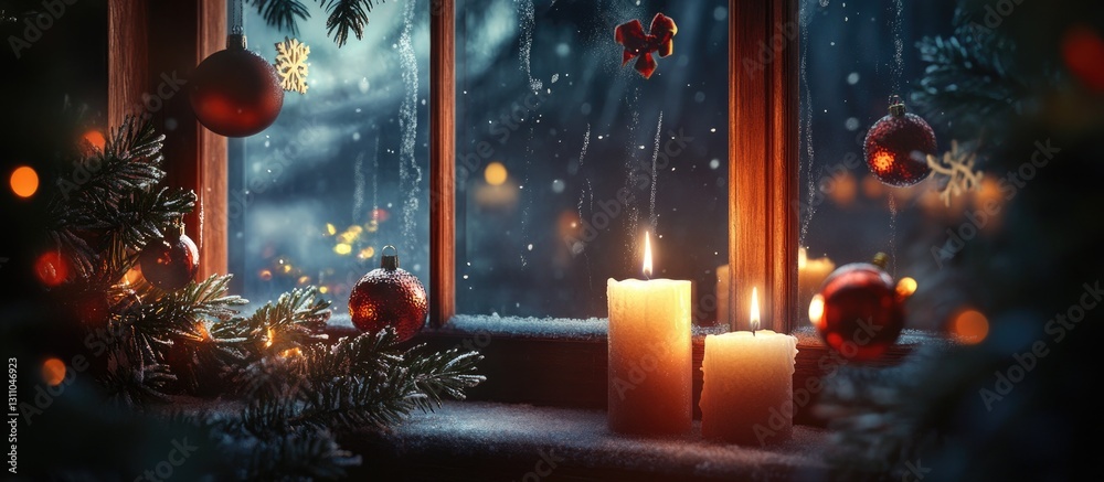 Aufkleber candles illuminate a cozy window scene with vibrant red ornaments and greenery, creating a warm wint