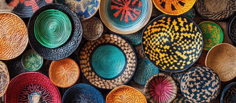 Poster Colorful handcrafted bowls and baskets in various sizes arranged in a vibrant display showcasing traditional African crafts at a market setting.