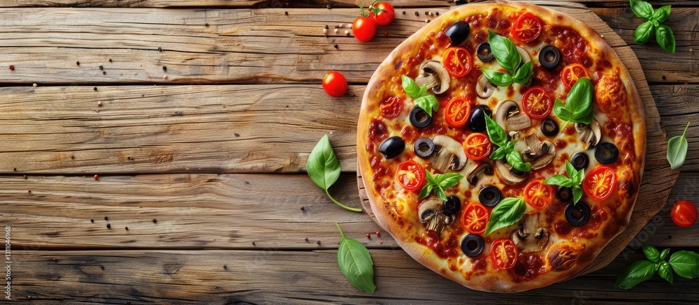 Poster delicious pizza with tomatoes mushrooms and black olives on rustic wooden surface with vibrant green