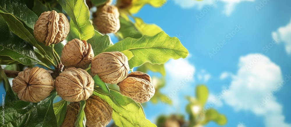 Poster Walnut tree branches loaded with ripe black walnuts under a vibrant blue sky with fluffy clouds creating a natural product display background.