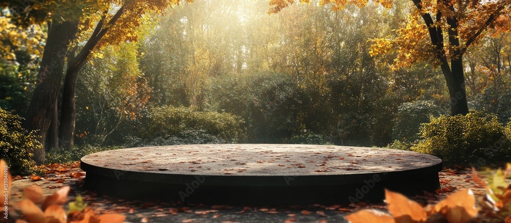 Poster vacant circular podium surrounded by vibrant autumn foliage in warm golden light creating a serene g