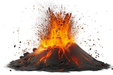 Lava erupting from a volcano, isolated on Transparent PNG format Background. 