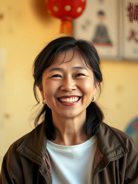 With each snapshot, immortalize the sheer delight and unblemished joy of a smiling Asian woman, her sunny disposition a testament to life's beauty.